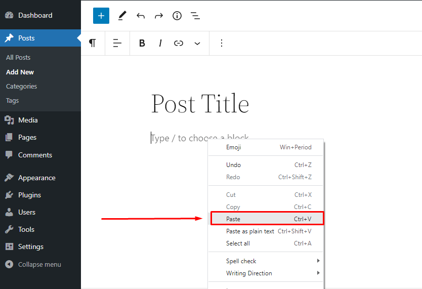 Copy and Paste in WordPress