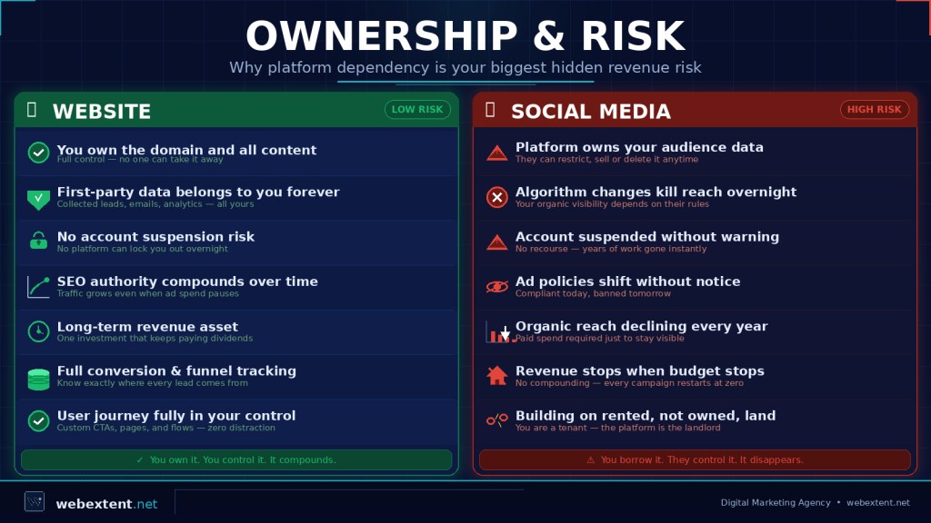 Two-column comparison infographic by WebExtent showing Website as LOW RISK with benefits like owned domain, first-party data, no suspension risk, and compounding SEO authority — versus Social Media as HIGH RISK with platform-owned data, algorithm dependency, account suspension risk, and revenue that stops when budget stops
