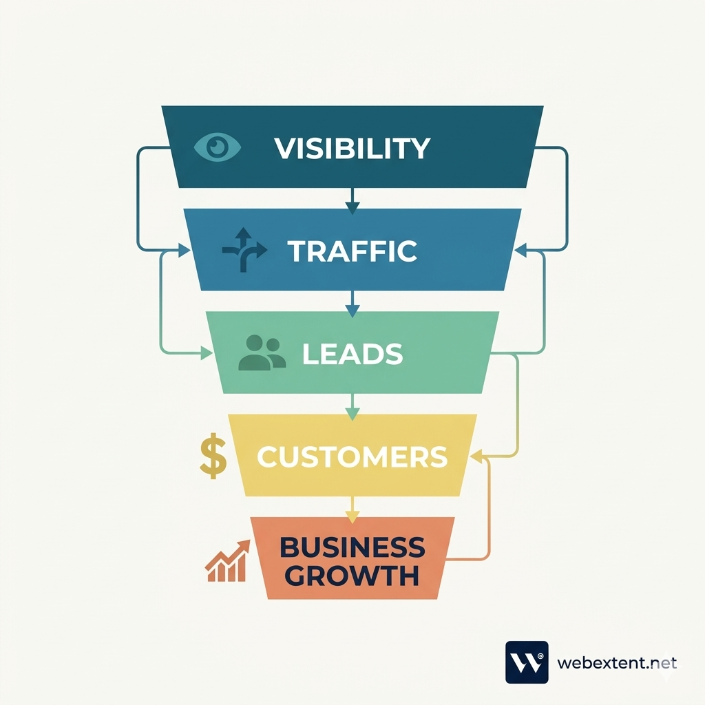 Marketing growth funnel showing visibility, traffic, leads, customers, and business growth stages – digital marketing strategy by WebExtent