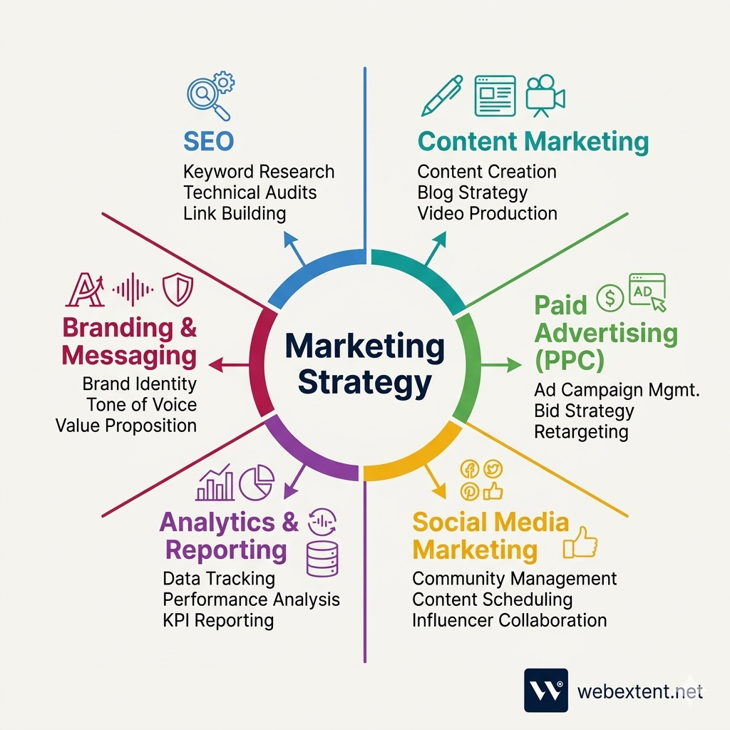 Marketing team roles diagram showing SEO, content marketing, paid ads, social media, analytics, and branding – WebExtent expertise