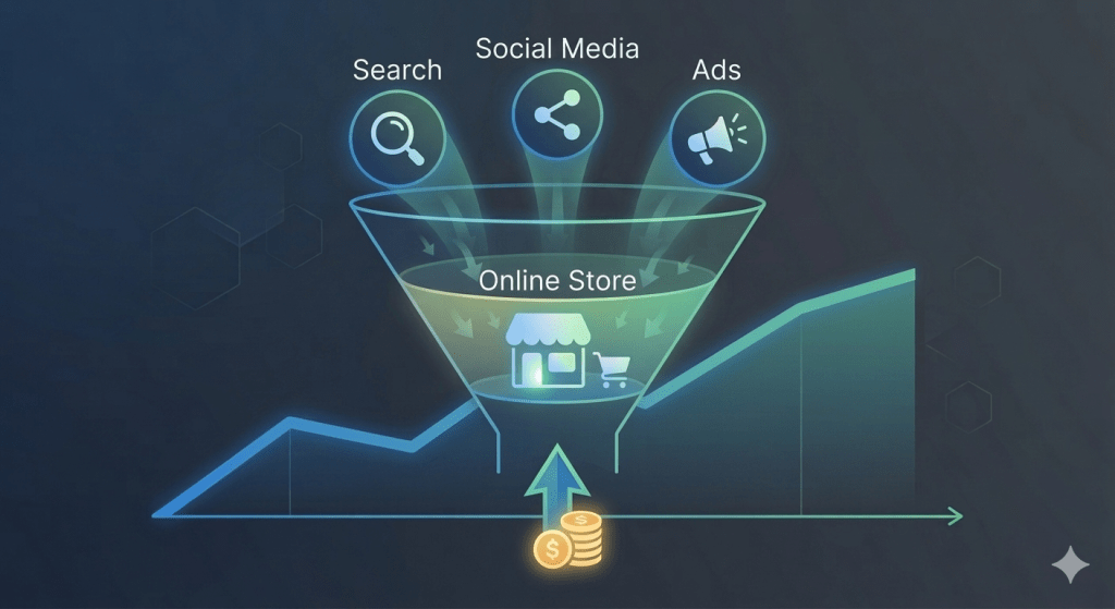 Visual representation of targeted traffic converting into sales for a WooCommerce online store