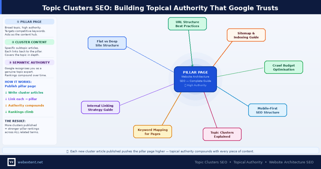 Topic clusters SEO diagram showing pillar page connected to 8 cluster articles including URL structure, internal linking, keyword mapping, and crawl budget optimisation