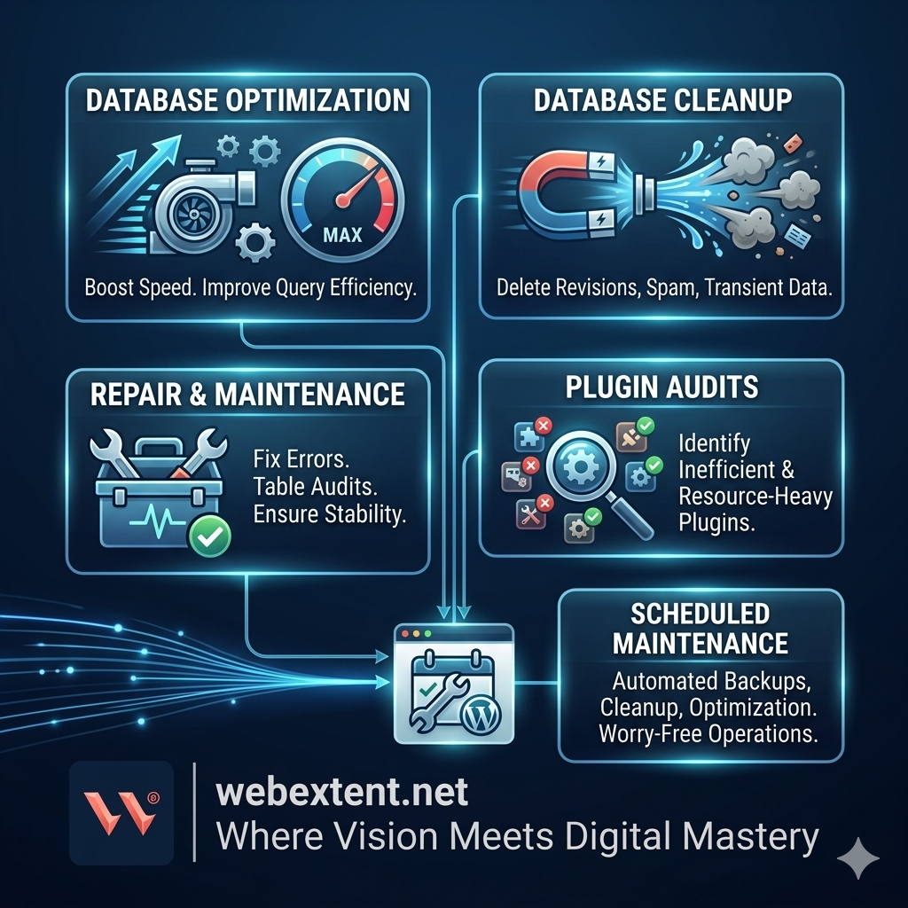 Illustration showing WebExtent’s WordPress database services including optimization, cleanup, repair, plugin audits, and scheduled maintenance. Branded with WebExtent logo, webextent.net, and motto Where Vision Meets Digital Mastery.