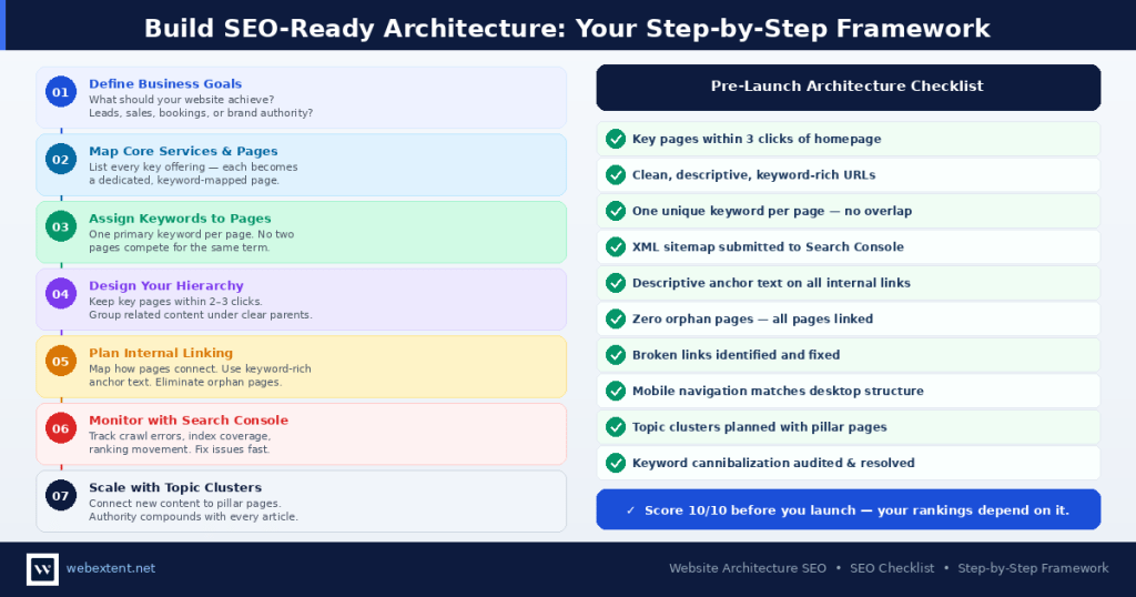 Step-by-step website architecture SEO framework with 7 numbered steps and a 10-point pre-launch checklist for small business websites