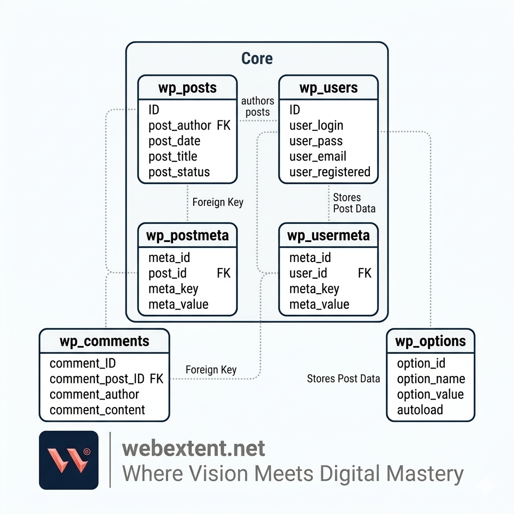 Diagram showing WordPress core database tables including wp_posts, wp_postmeta, wp_users, wp_usermeta, wp_comments, and wp_options. Branded with WebExtent logo, webextent.net, and motto Where Vision Meets Digital Mastery.