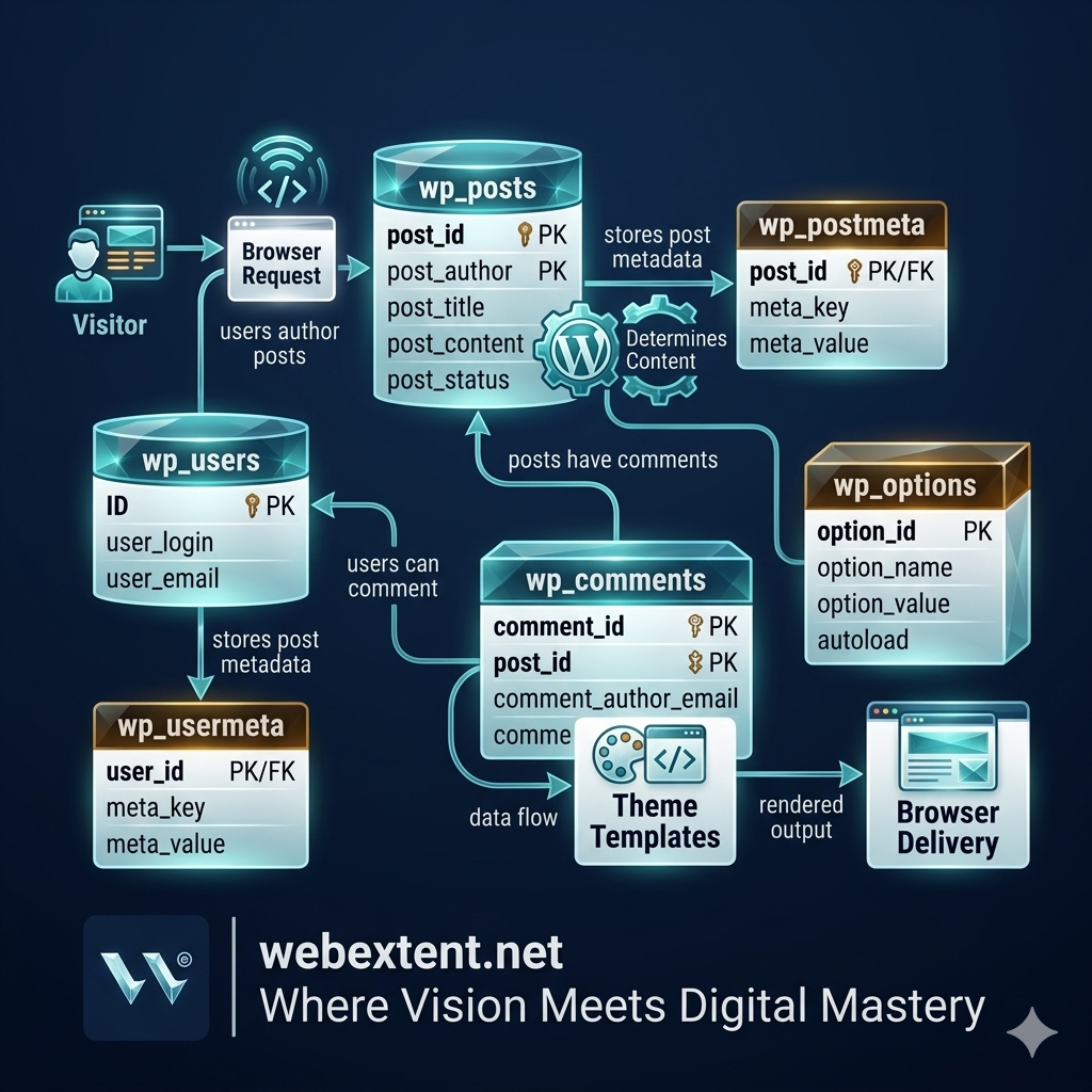 Flow diagram illustrating how WordPress retrieves data from the database for page requests, showing the process from visitor request to theme templates to final page delivery. Includes WebExtent branding with logo, webextent.net, and motto Where Vision Meets Digital Mastery.