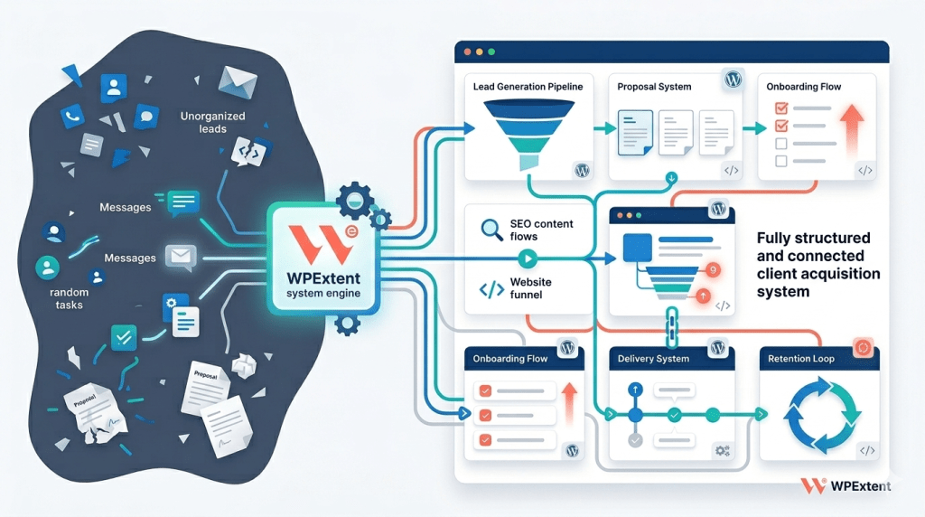 Modern SaaS-style system showing structured freelance workflow with lead generation, proposals, onboarding, and retention processes connected in a clear pipeline.