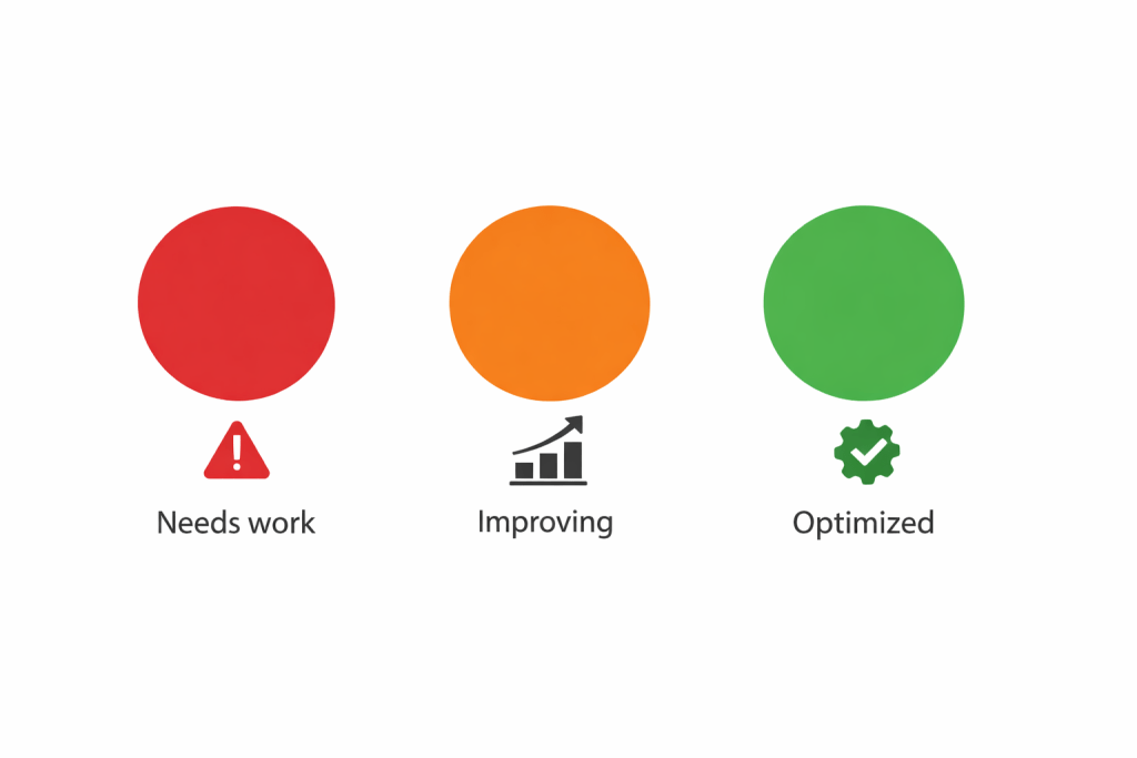 Comparison of Yoast SEO red, orange, and green traffic light score indicators for WordPress content optimization