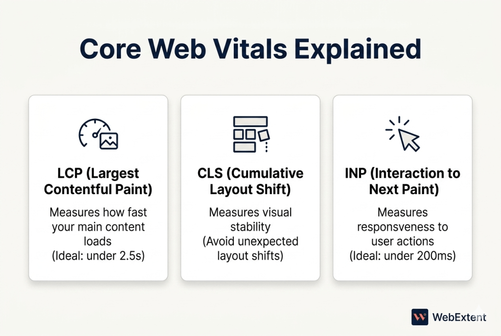 Core Web Vitals metrics LCP CLS INP explained for WordPress technical SEO optimization