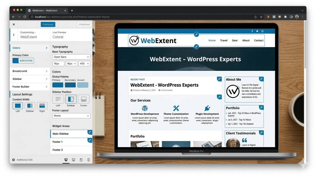WordPress customizer editing WebExtent theme with design and layout settings.