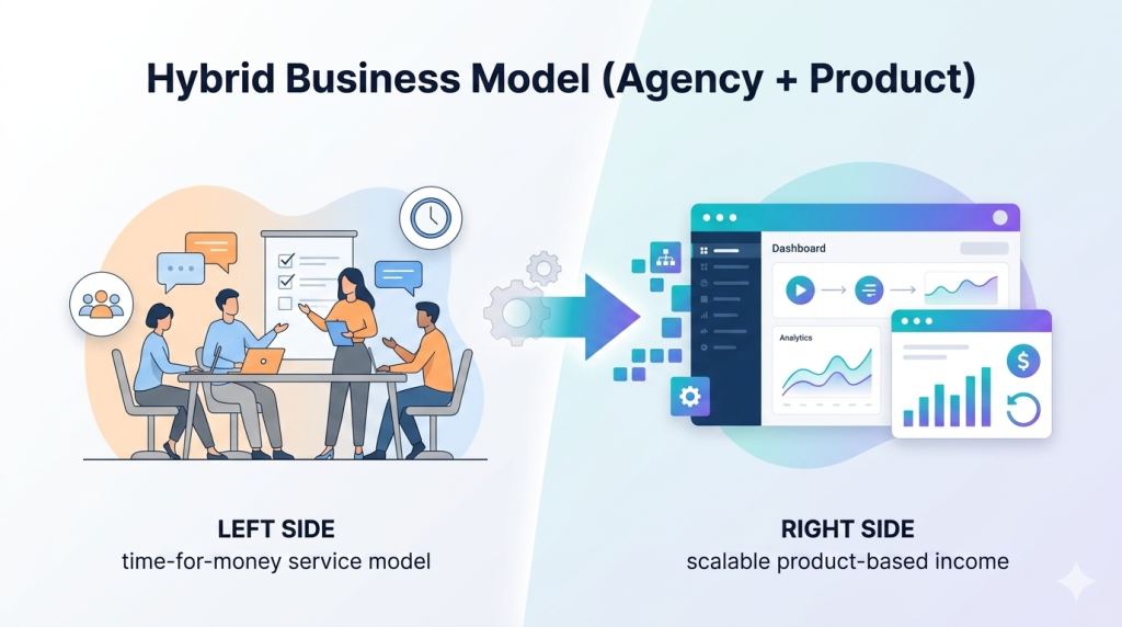 Illustration showing step-by-step transition from agency services to productized systems and SaaS business model