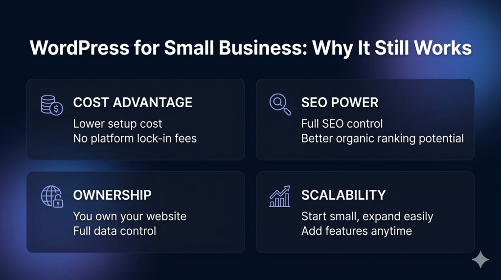 Infographic showing WordPress benefits for small business including cost efficiency, SEO power, ownership, and scalability