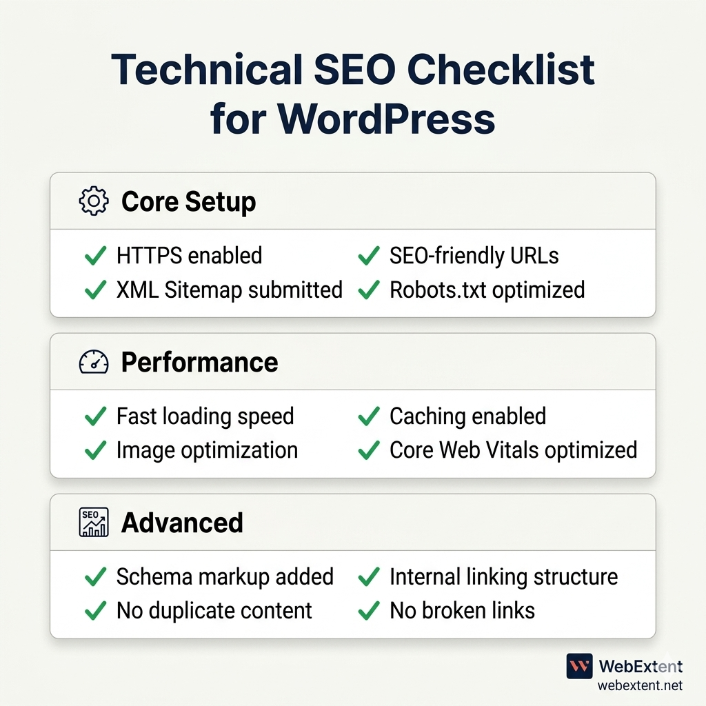 technical SEO for WordPress checklist including speed indexing schema and optimization steps