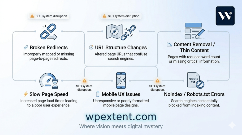 Step-by-step SEO recovery process after a website redesign showing fixes for redirects, content, speed, and internal linking issues