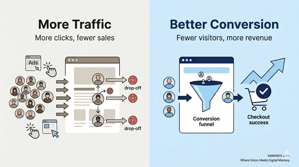Comparison illustration showing more traffic with low sales versus optimized WooCommerce conversion funnel with higher revenue and successful purchases