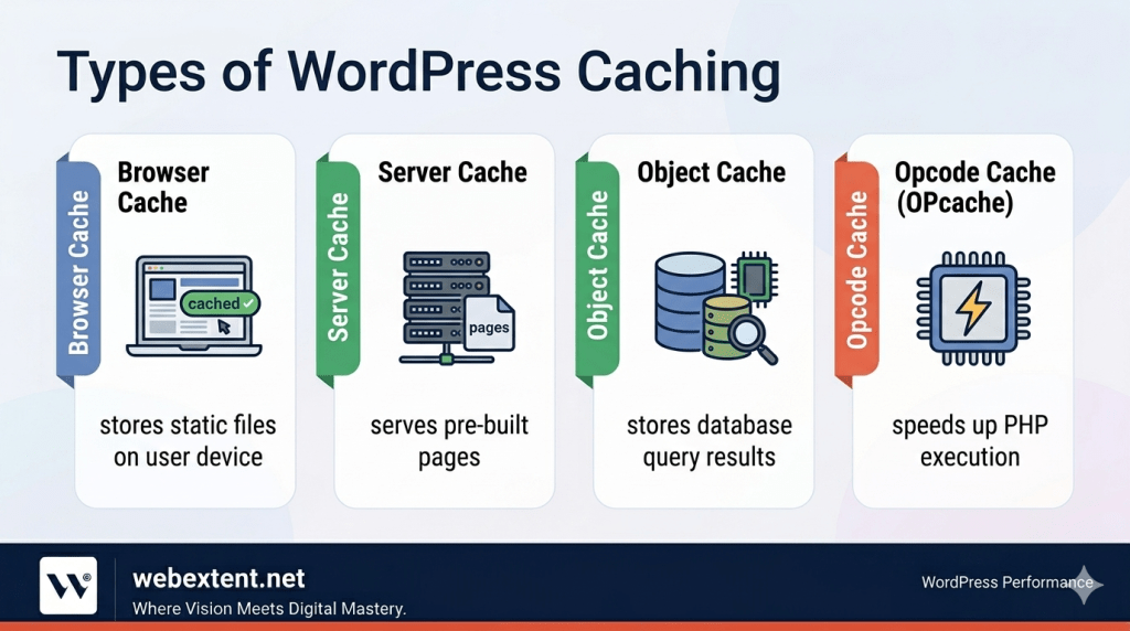 Infographic explaining different types of WordPress caching including browser caching, server caching, object caching, and PHP OPcache with simple icons and descriptions