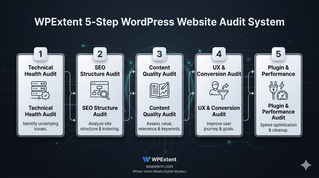 Step by step WordPress website audit process from technical SEO content UX and plugin performance by WPExtent system