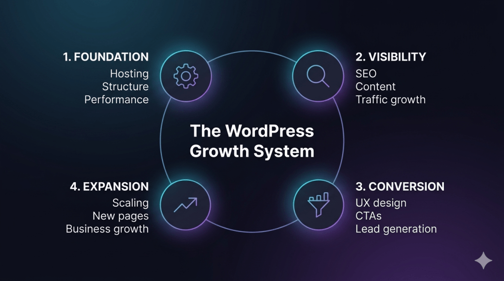 Strategy framework diagram showing WordPress growth system with foundation, visibility, conversion, and expansion pillars for business growth