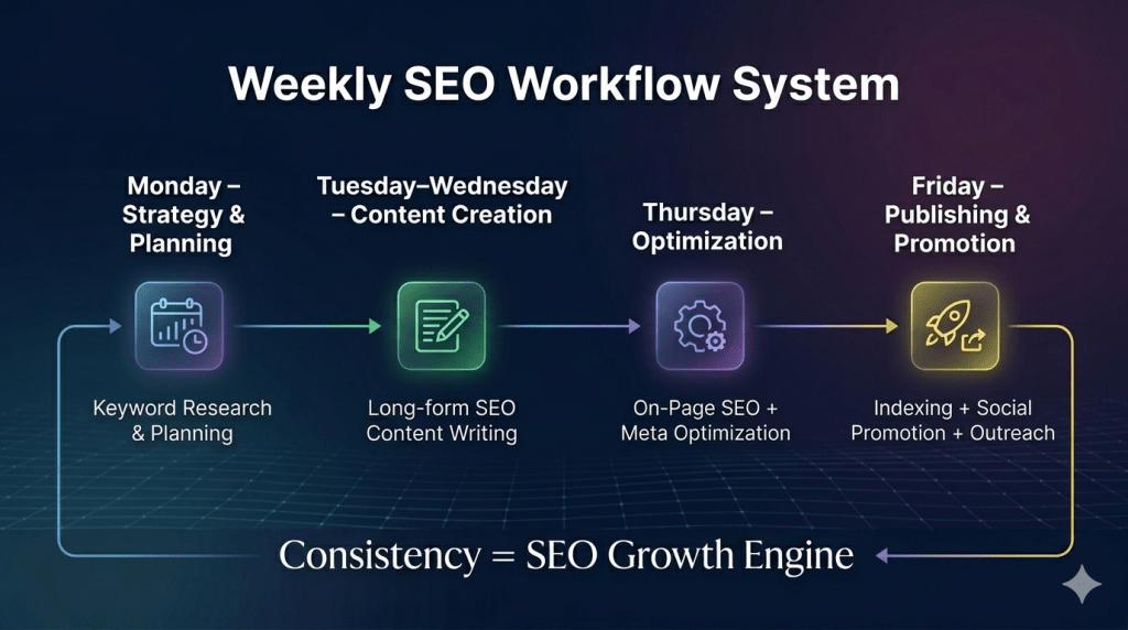 Weekly SEO workflow for WordPress content system showing Monday strategy, content creation, optimization, and publishing process