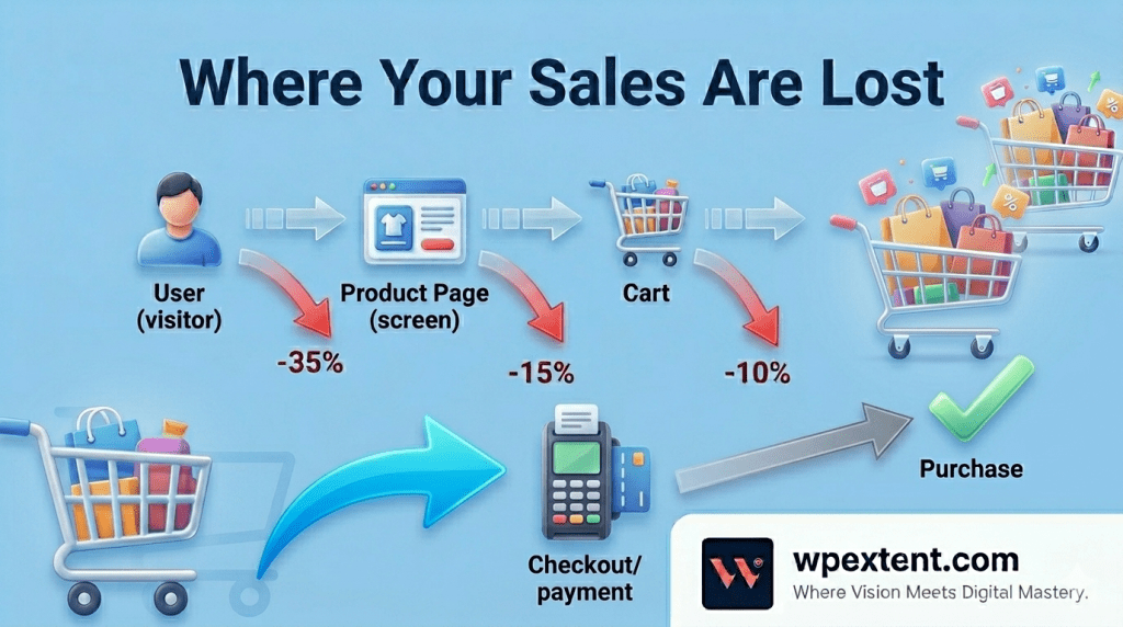 Infographic of a WooCommerce conversion funnel showing visitor drop-offs from product page to checkout and purchase stages, highlighting conversion leakage points