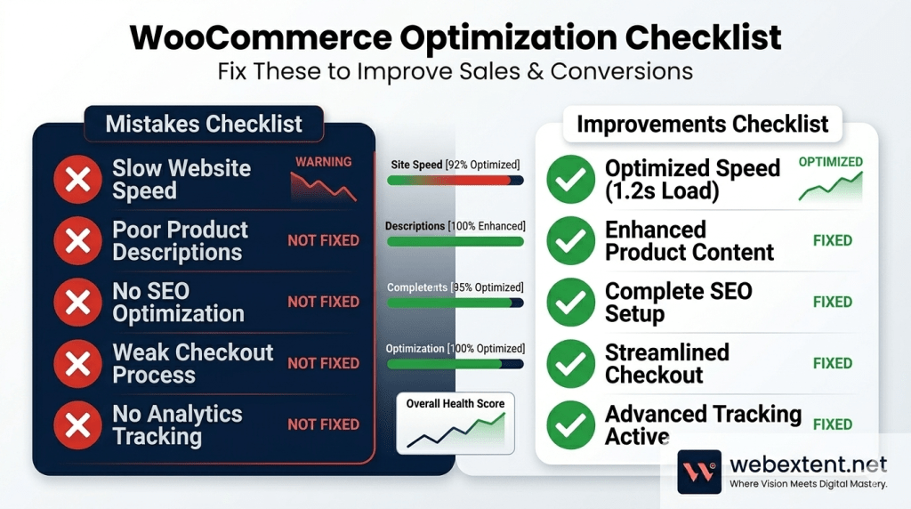 Dashboard-style checklist showing common WooCommerce mistakes such as poor SEO, slow speed, and weak checkout process with status indicators for fixes.