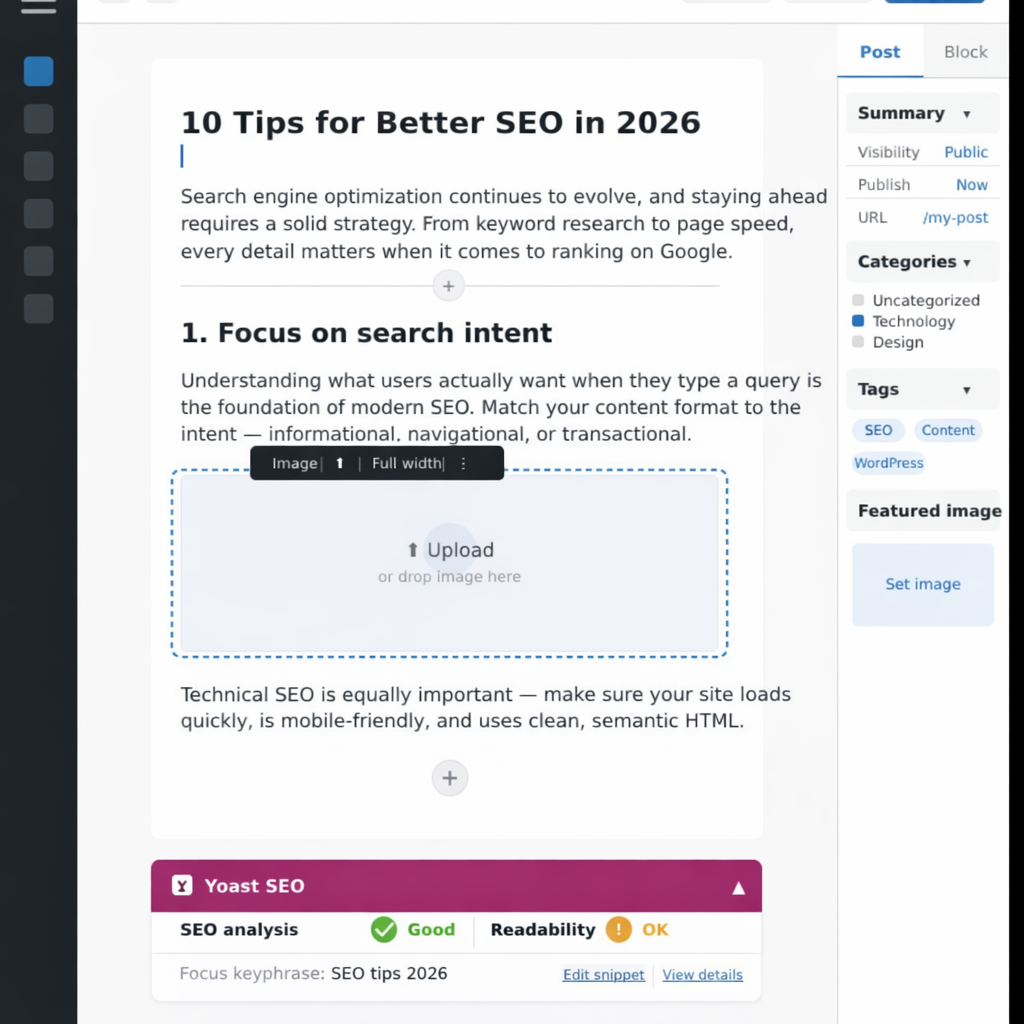 Yoast SEO plugin dashboard showing green SEO score for a WordPress blog post