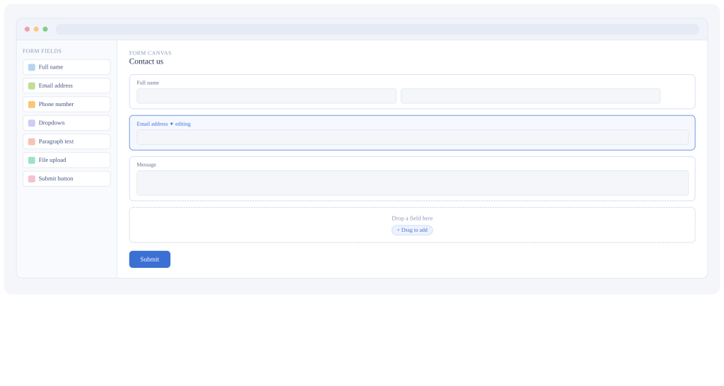 WPForms WordPress form builder drag and drop interface showing form fields.
