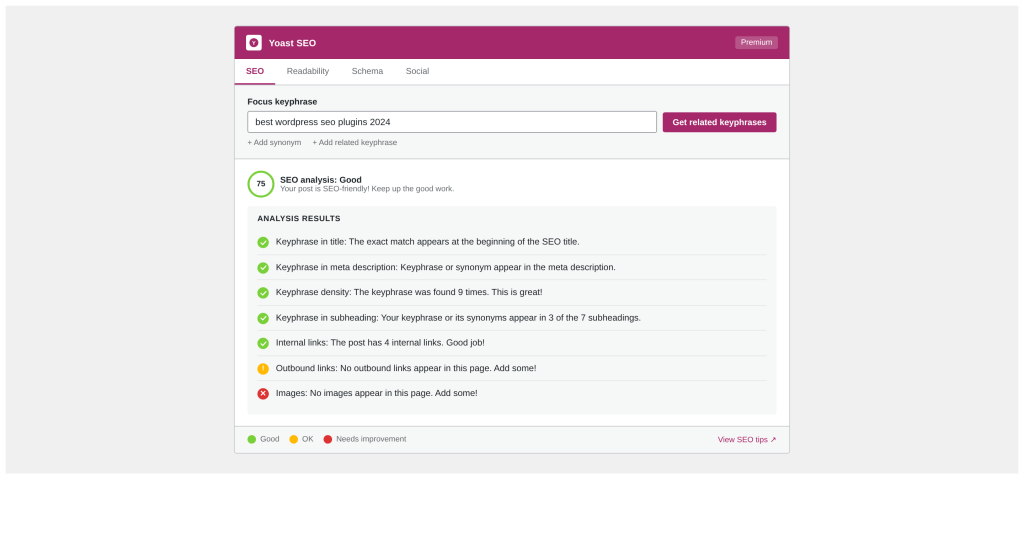Yoast SEO plugin interface in WordPress showing focus keyphrase field and analysis checklist