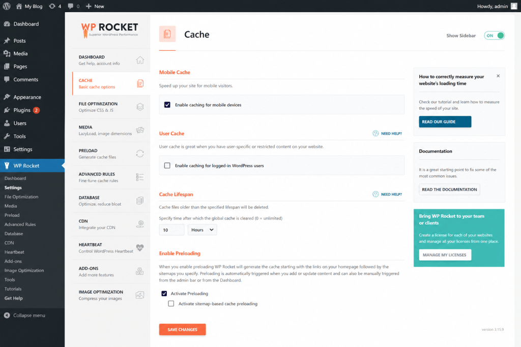 WP Rocket plugin settings dashboard in WordPress admin panel