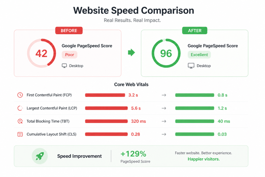 Website speed improvement chart before and after using WP Rocket WordPress plugin