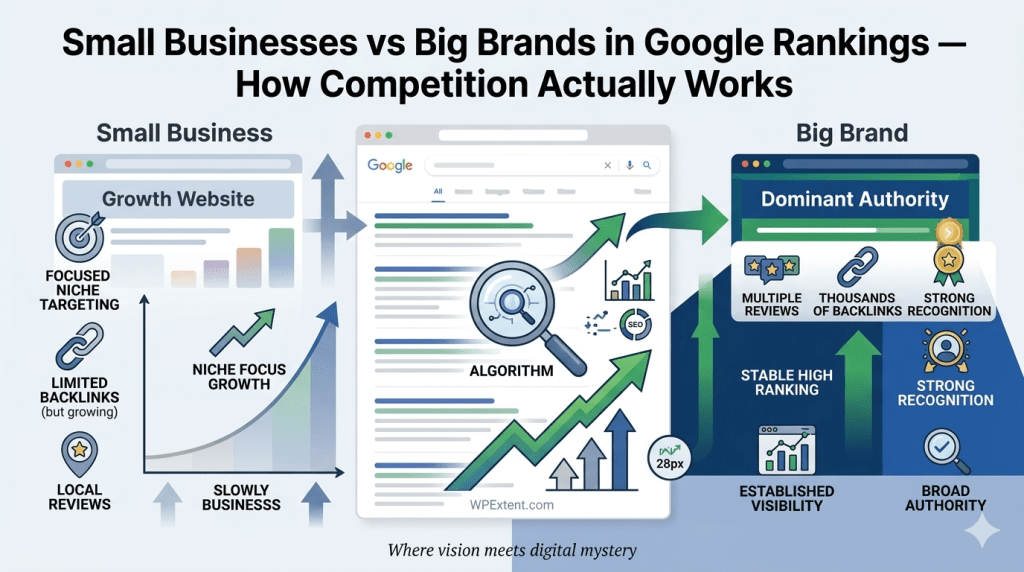 Split-screen infographic comparing small businesses and big brands in Google search rankings, showing SEO competition, growth opportunity, and how small businesses can rank higher with strategy.