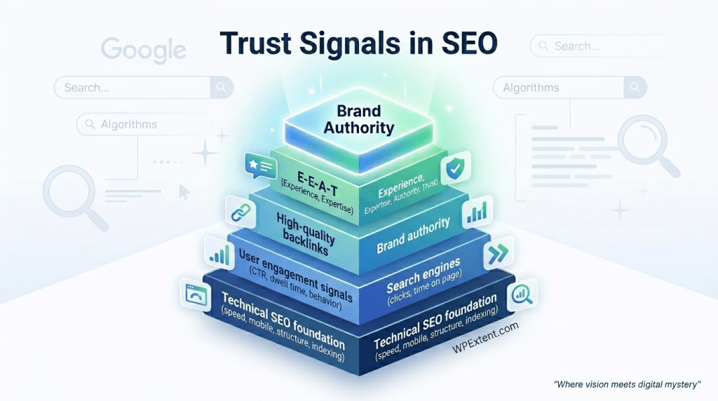 Infographic showing SEO trust signals including backlinks, E-E-A-T, user engagement, and technical SEO, explaining why Google prefers brands over random websites.