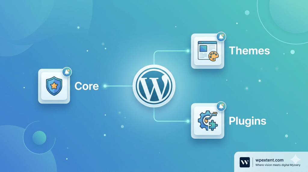 Diagram showing WordPress core, theme, and plugin updates connected to the WordPress ecosystem