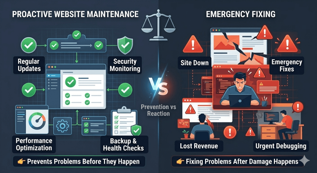 Comparison showing proactive website maintenance versus emergency website fixes, highlighting how regular maintenance prevents downtime, security issues, and performance problems