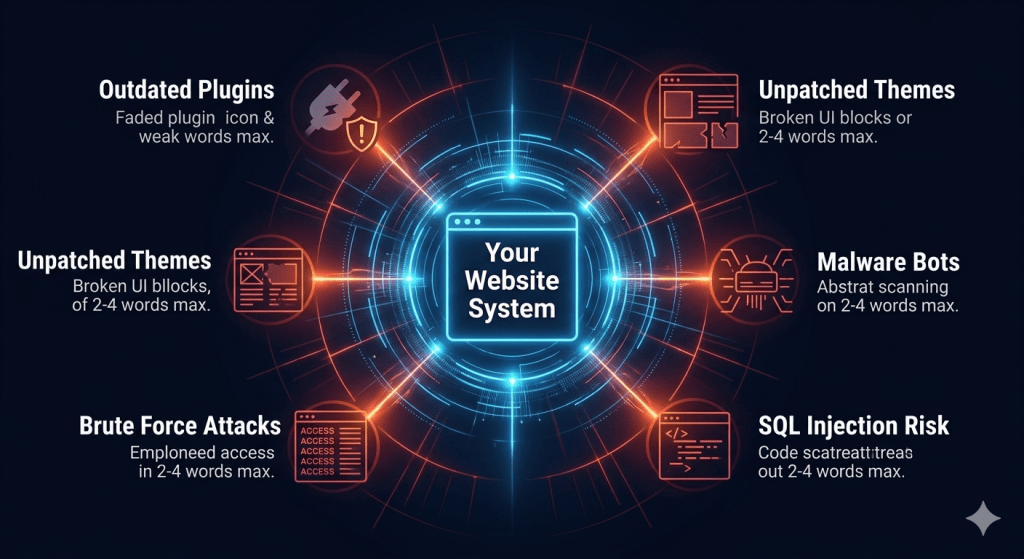 Cybersecurity visualization showing how outdated plugins, malware bots, and vulnerabilities surround a website system without maintenance