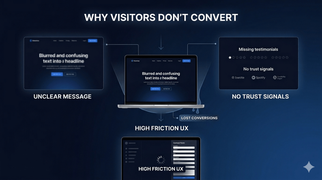 website conversion problems showing lack of clarity trust signals and high friction UX issues