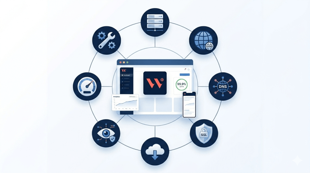 Visual diagram of professional hosting and domain management services including DNS, SSL, backups, and security monitoring